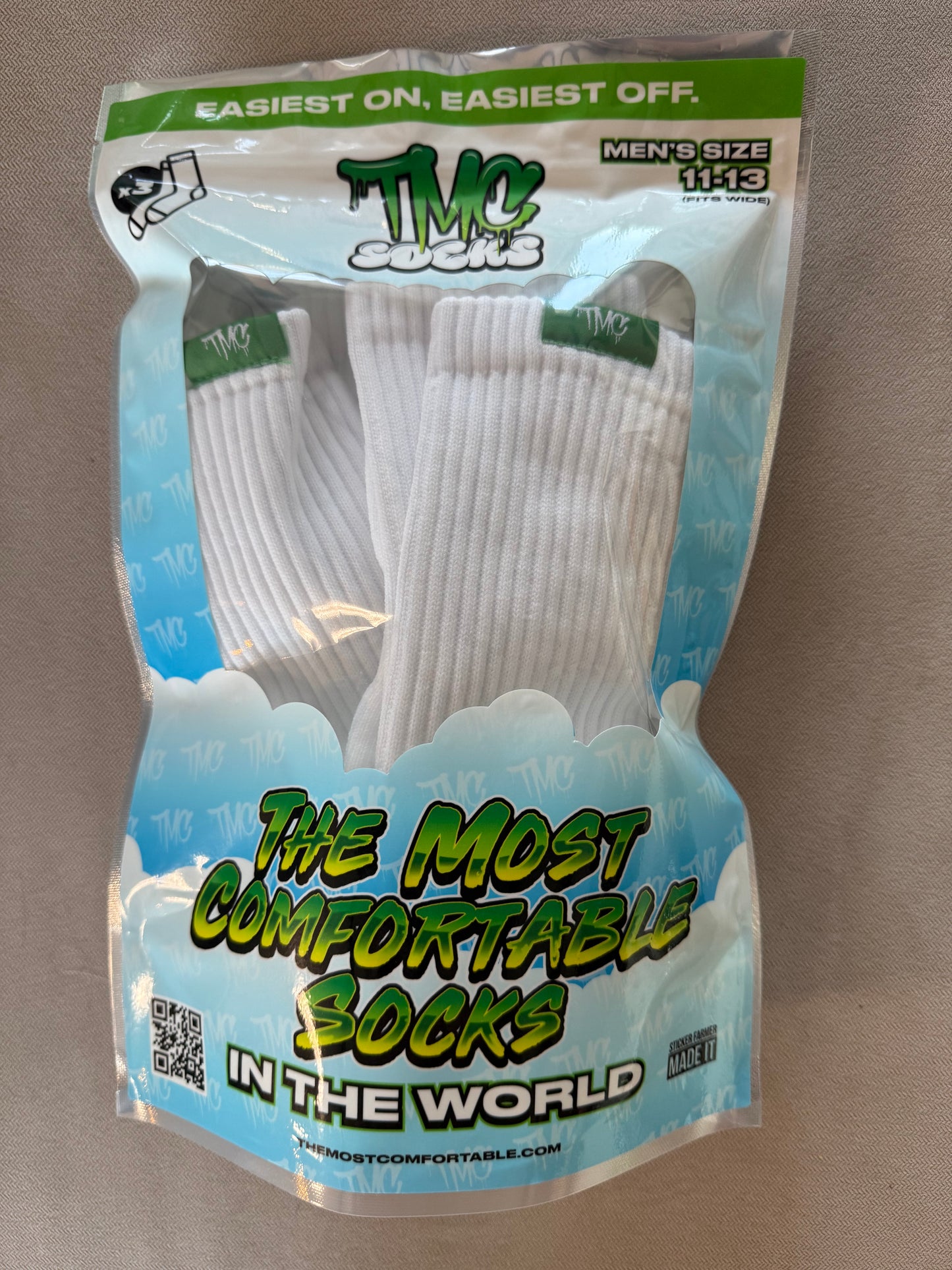 TMC Sock White (3 Pack) Men’s Size 12-14+ (Fits Wide)